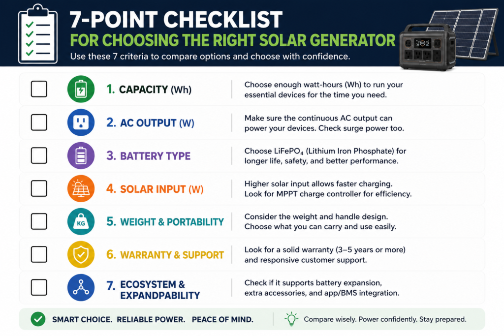 Solar generator buying checklist infographic featuring seven key criteria: battery capacity (Wh), AC output power, battery type, solar input, weight and portability, warranty coverage, and ecosystem compatibility for expansion and accessories.