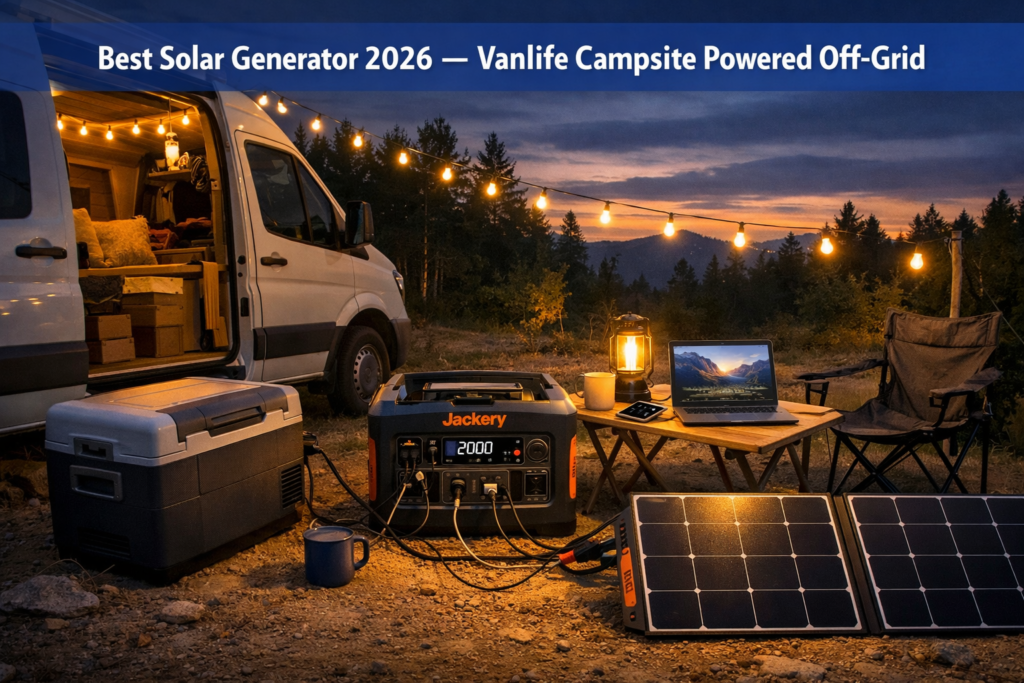 best solar generator 2026 powering vanlife campsite — lights, laptop, and cooler running off-grid