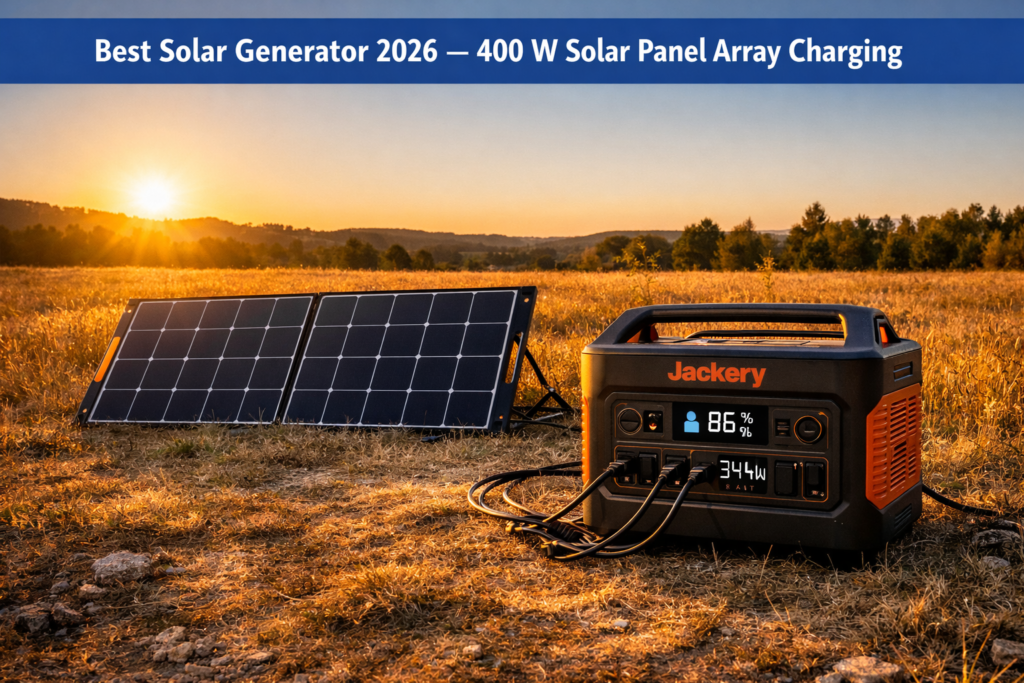 best solar generator 2026 charging via 400 W solar panel array — off-grid golden hour field