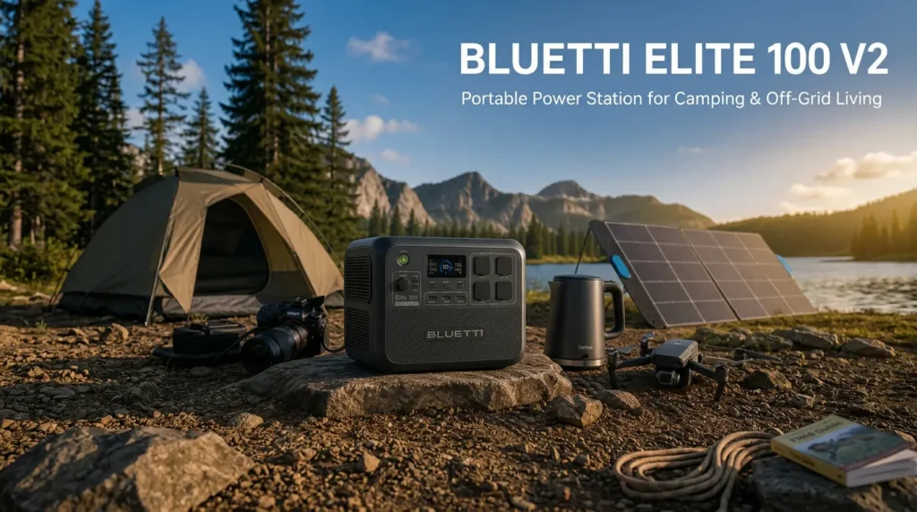 BLUETTI Elite 100 V2 portable power station displayed at a lakeside campsite beside a tent, solar panel, camera, kettle, and drone, with mountains and pine trees in the background