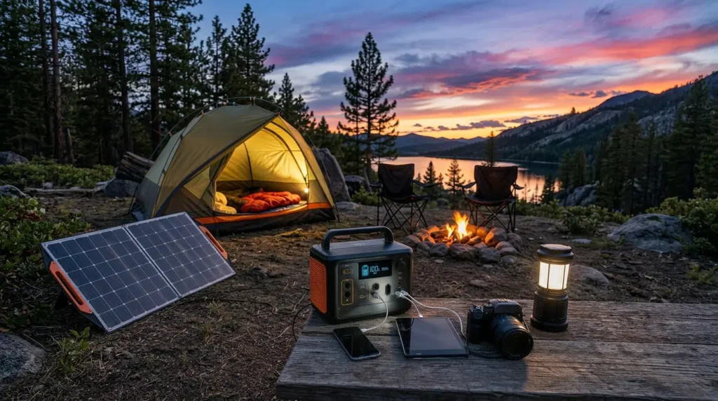 Portable power station charging electronic devices at a lakeside campsite during sunset, with a tent, solar panel, campfire, lantern, and camera nearby