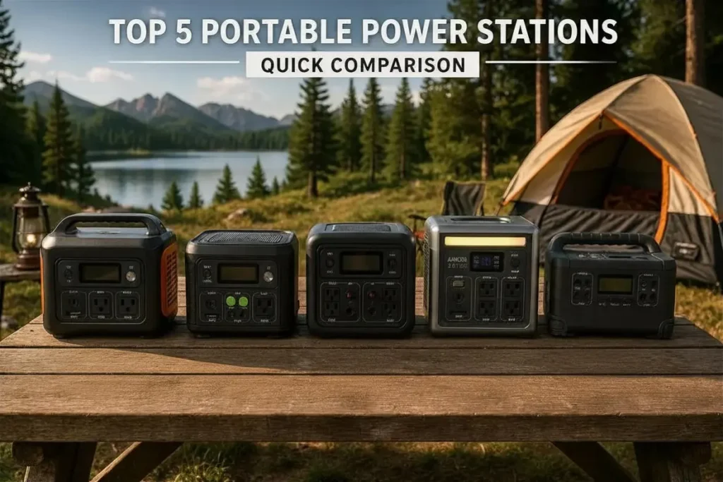 Comparison of the top 5 portable power stations for camping in 2026 displayed on a wooden table at a lakeside campsite