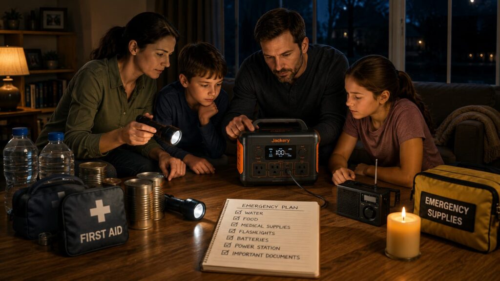 family using portable power station during home power outage