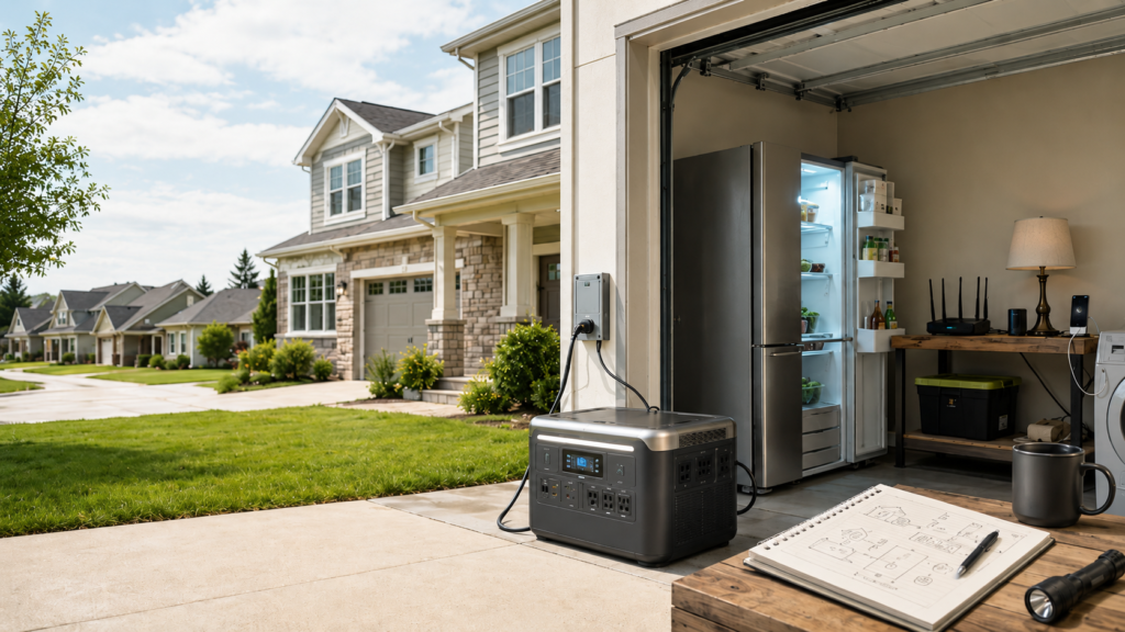 Portable home backup power station connected in a garage during a daytime outage planning setup