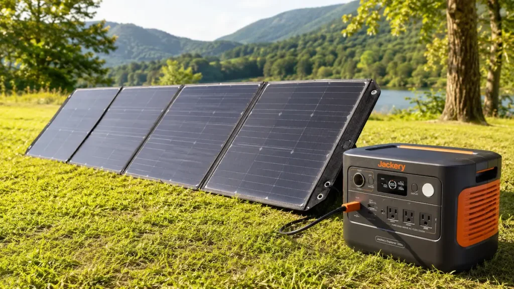 Installation solaire portable Jackery avec panneaux pliables sur herbe, alimentant une station électrique, paysage de collines et arbres en arrière-plan.