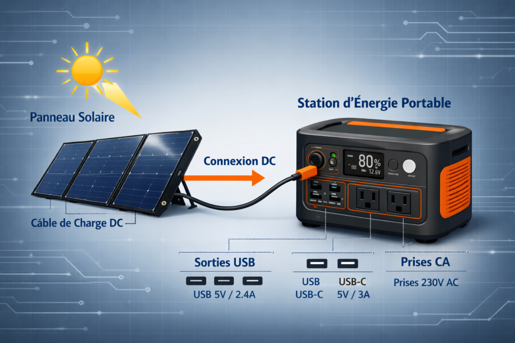 Diagramme d’un panneau solaire relié à une station portable avec ports USB et prises CA.