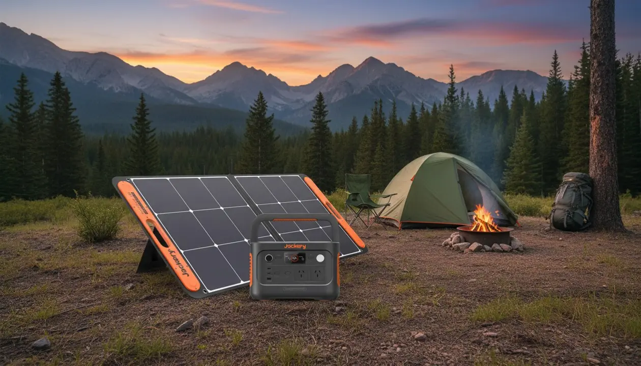 Jackery Explorer 600 v2 portable power station with two SolarSaga solar panels outdoor setup