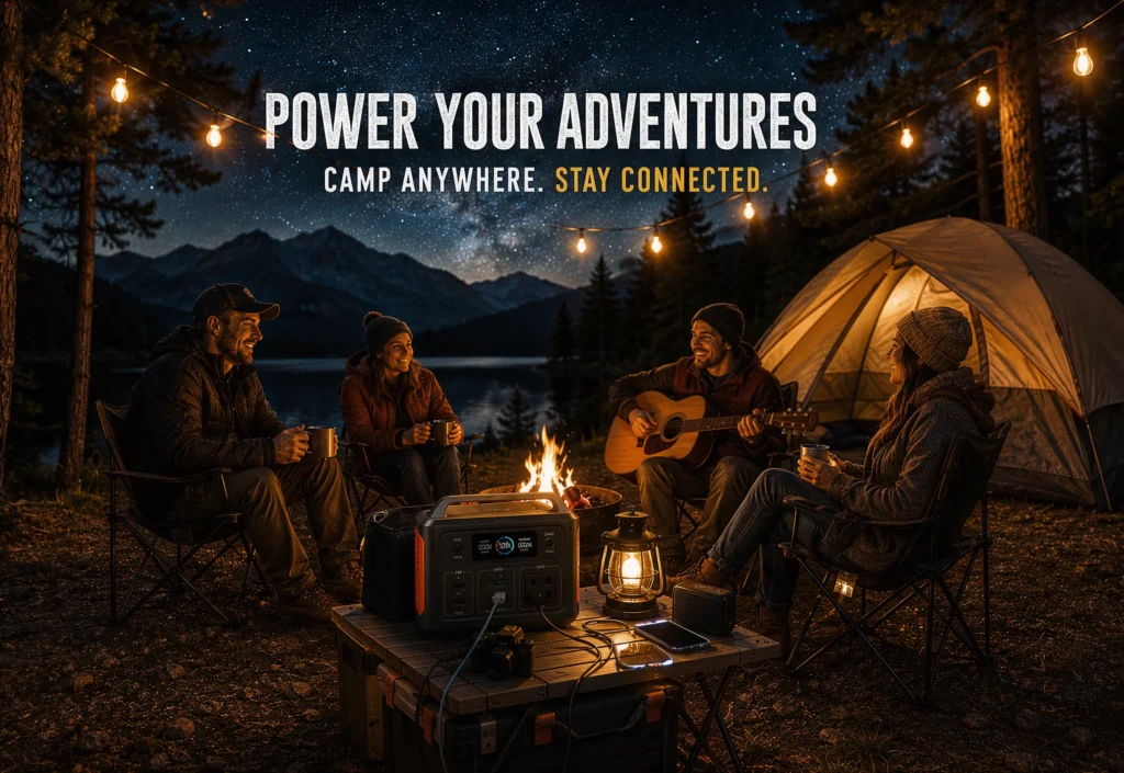Four friends camping by a lakeside at night with a tent and campfire, using a portable power station to charge devices under string lights. Text reads: “Power Your Adventures. Camp Anywhere. Stay Connected.