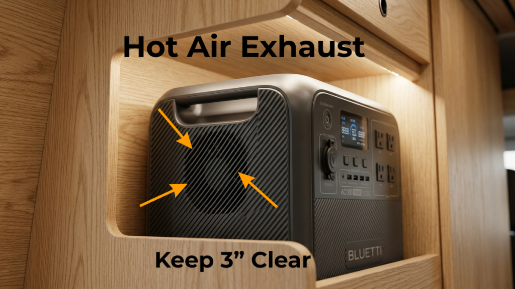 portable power station safety ventilation in camper van cabinet