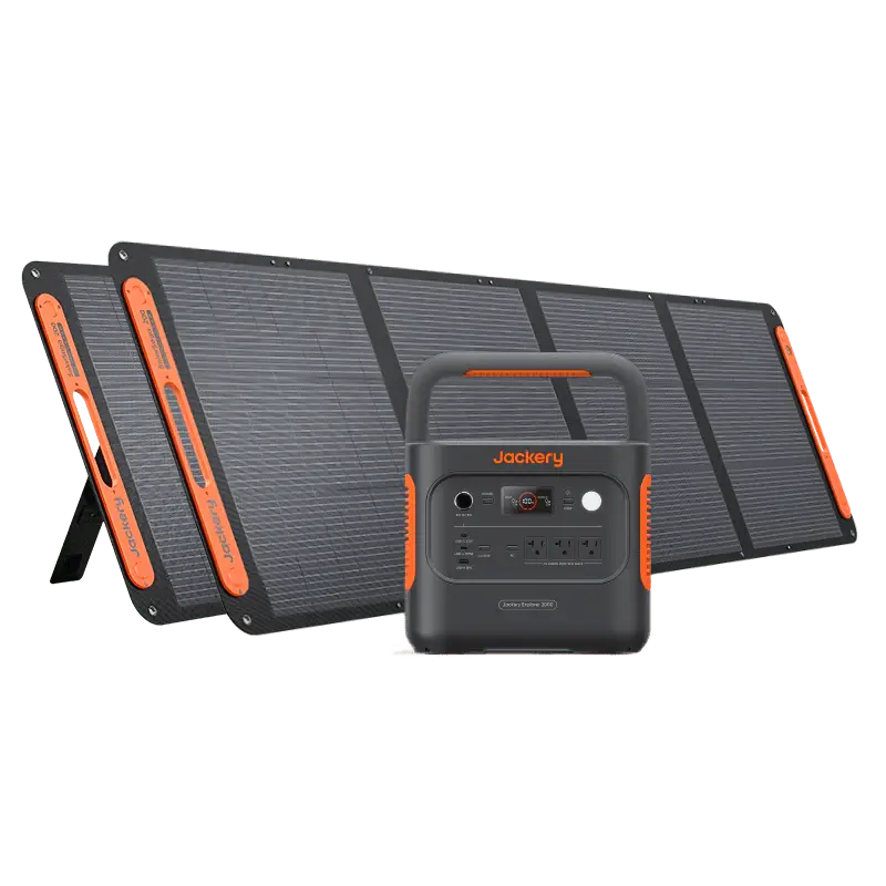 Jackery Explorer 2000 v2 portable power station with two SolarSaga solar panels outdoor setup