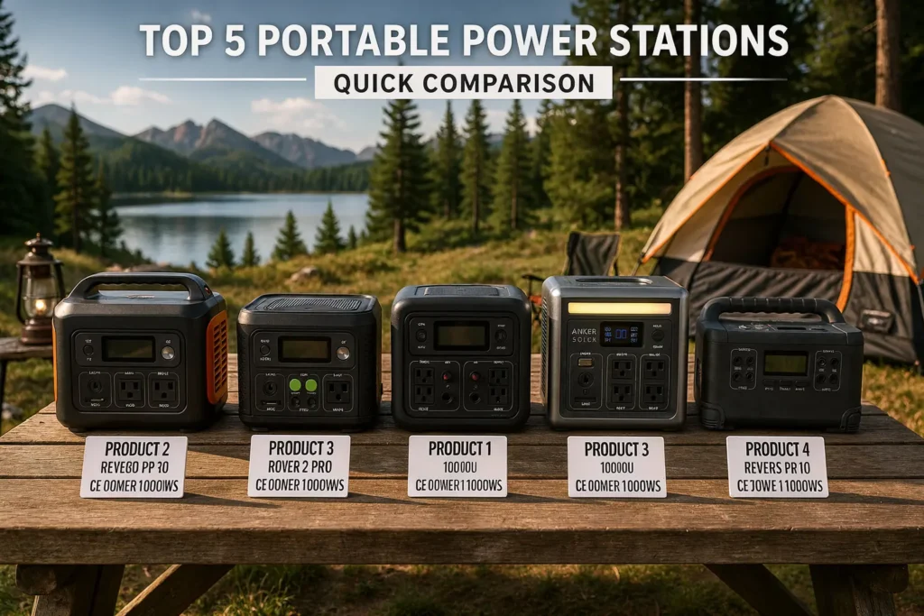 Comparison of the top 5 portable power stations for camping in 2026 displayed on a wooden table at a lakeside campsite