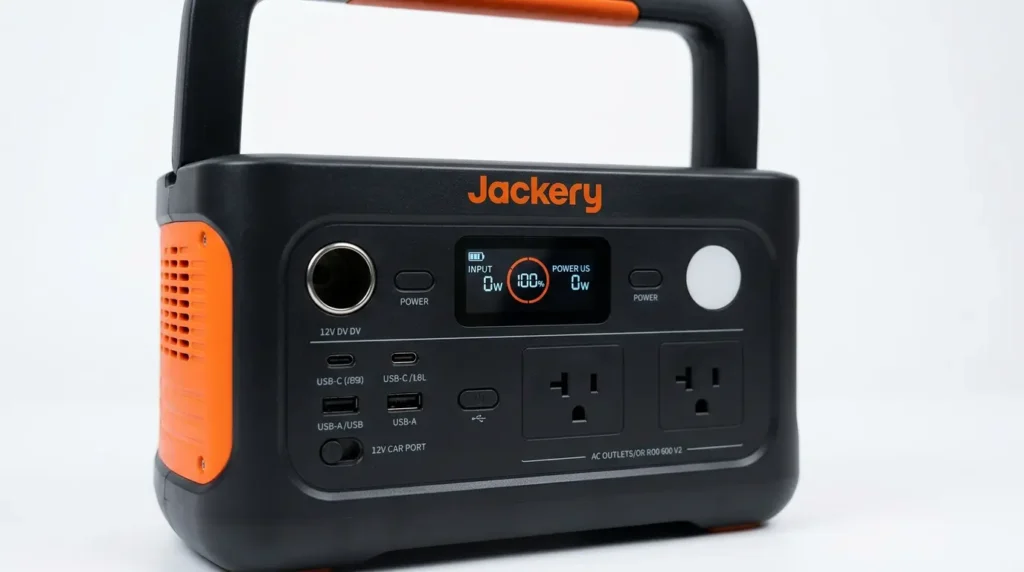 Compact Jackery Explorer 600 V2 power station featuring dual AC outlets, USB-C ports, and LCD battery display