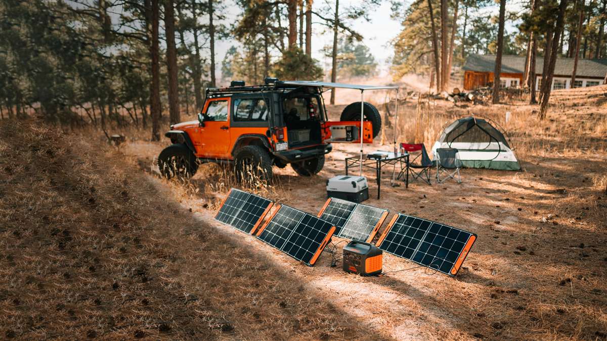 Jackery Explorer 2000 v2 front panel ports showing three AC outlets USB-C PD 100W USB-A and LCD display